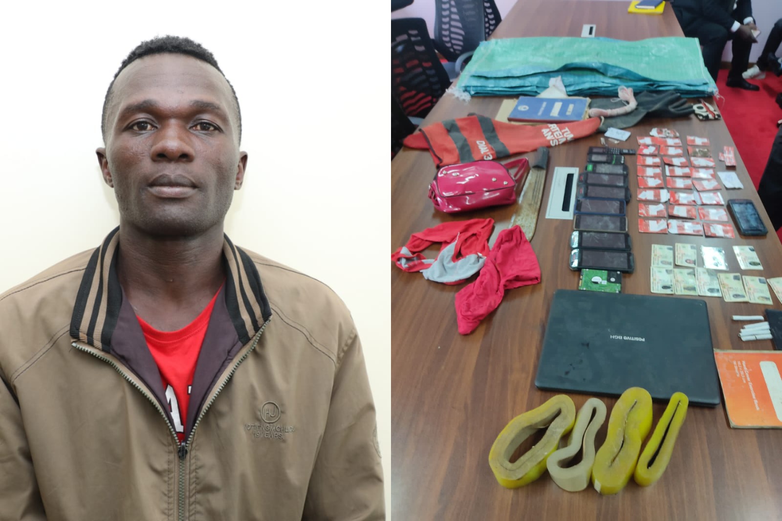Photo collage of main suspected in Mukuru Kwa Njenga deaths and items recovered in his house.